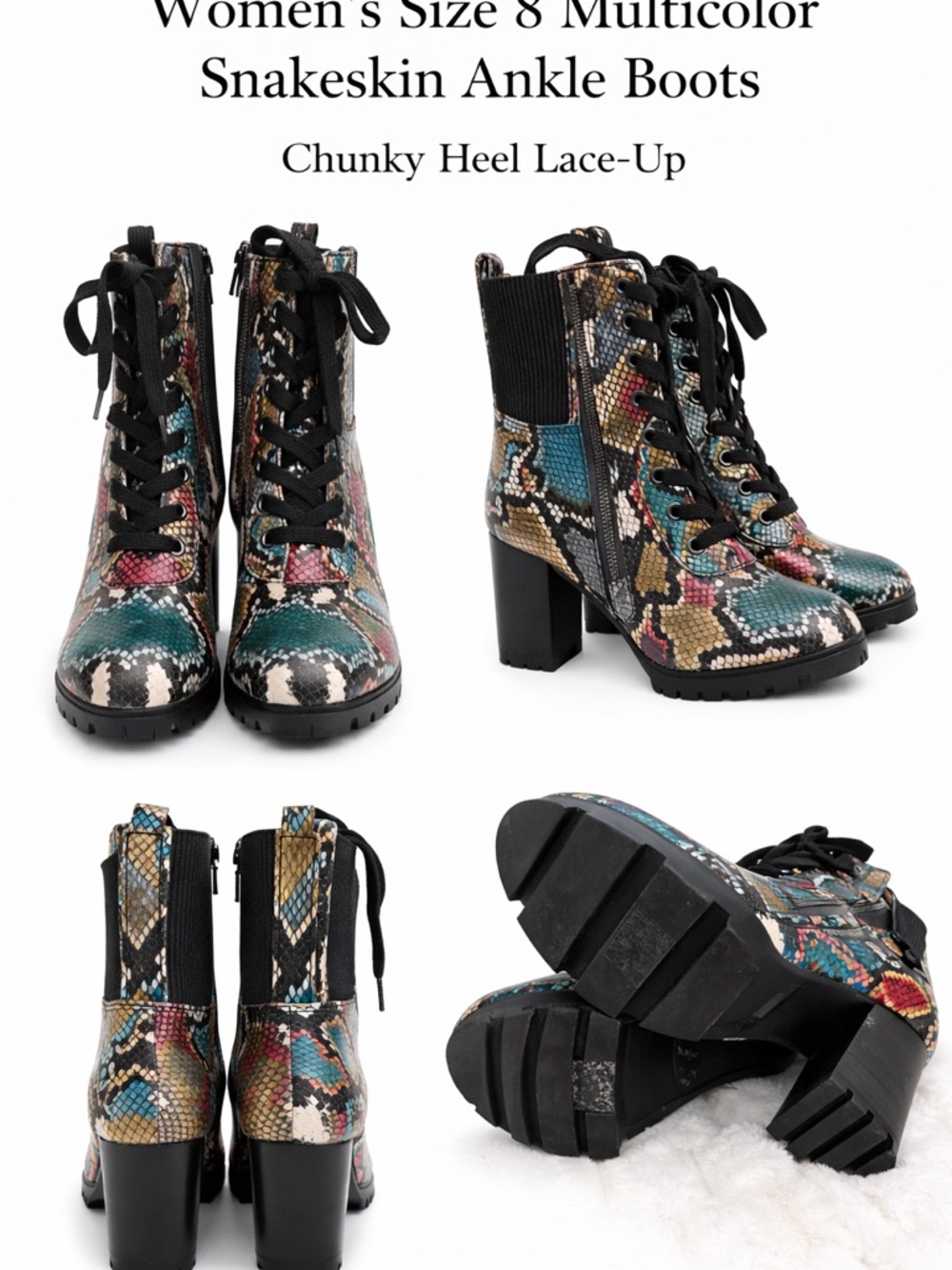 Women's Multicolor Snakeskin Ankle Boots - Lace-Up Chunky Heel